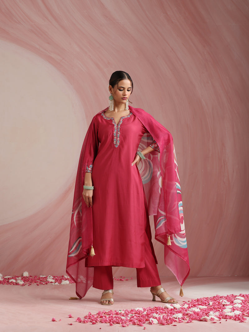 Khushal K Women Pure Silk pink Embroidered Kurta & Palazzo With Dupatta