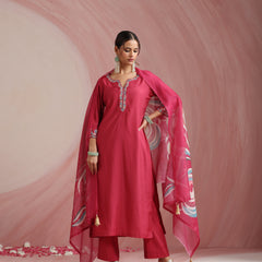 Khushal K Women Pure Silk pink Embroidered Kurta & Palazzo With Dupatta