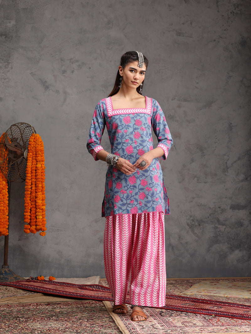 Khushal K Women Cotton Kurta Farsi Salwar Set - Blue