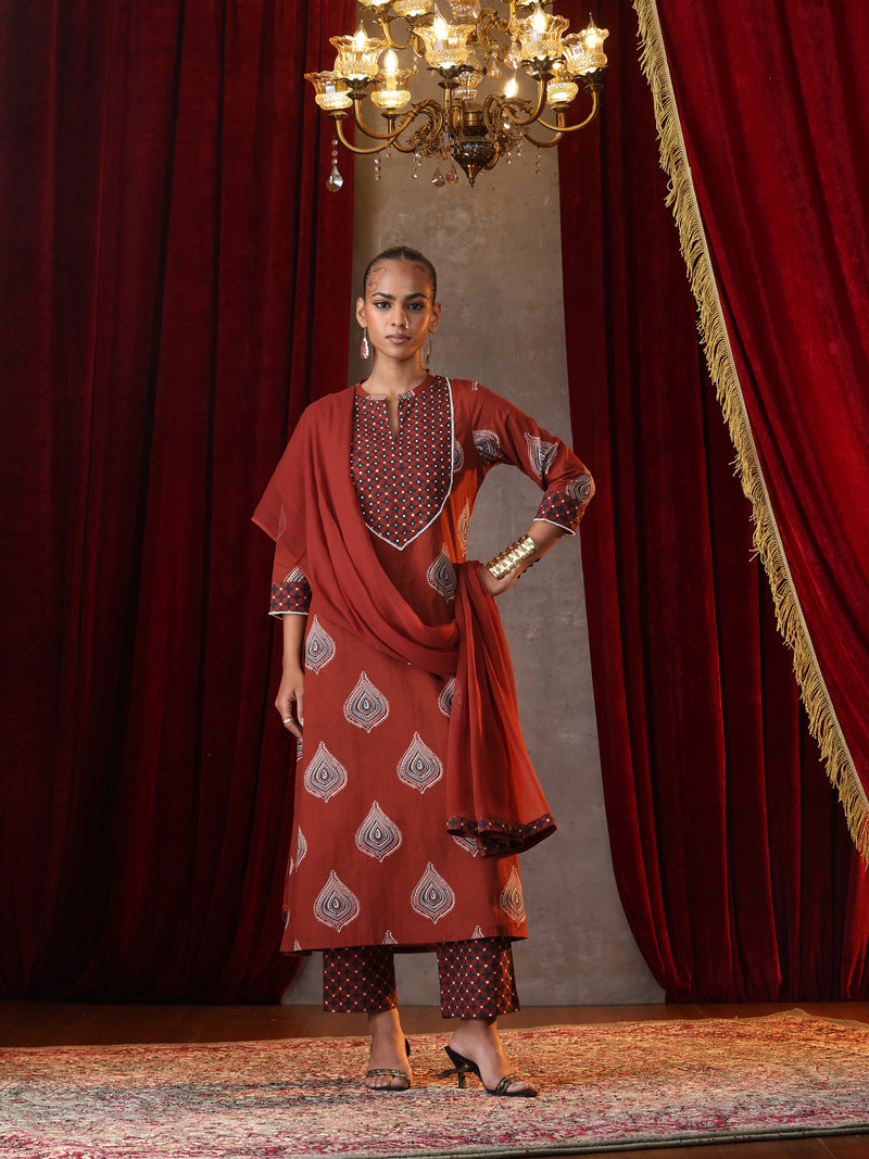 Khushal K Women Cotton kurta and palazzo with dupatta set - Rust