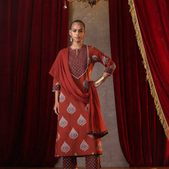 Khushal K Women Cotton kurta and palazzo with dupatta set - Rust