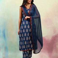 Ethnic Motifs Printed V-Neck Sleeveless Pure Cotton Kurta with Palazzo & Dupatta