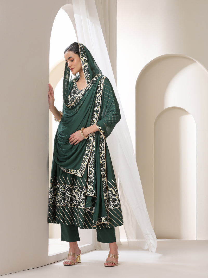 Floral Yoke Design V-Neck Pleated Anarkali Kurta With Palazzos & Dupatta