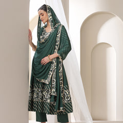 Floral Yoke Design V-Neck Pleated Anarkali Kurta With Palazzos & Dupatta