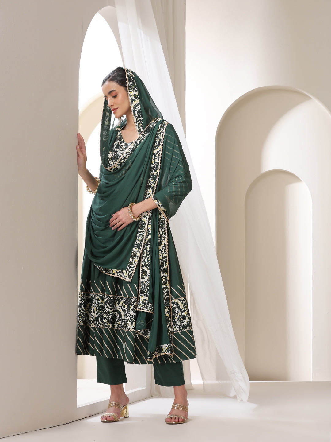 Floral Yoke Design V-Neck Pleated Anarkali Kurta With Palazzos & Dupatta