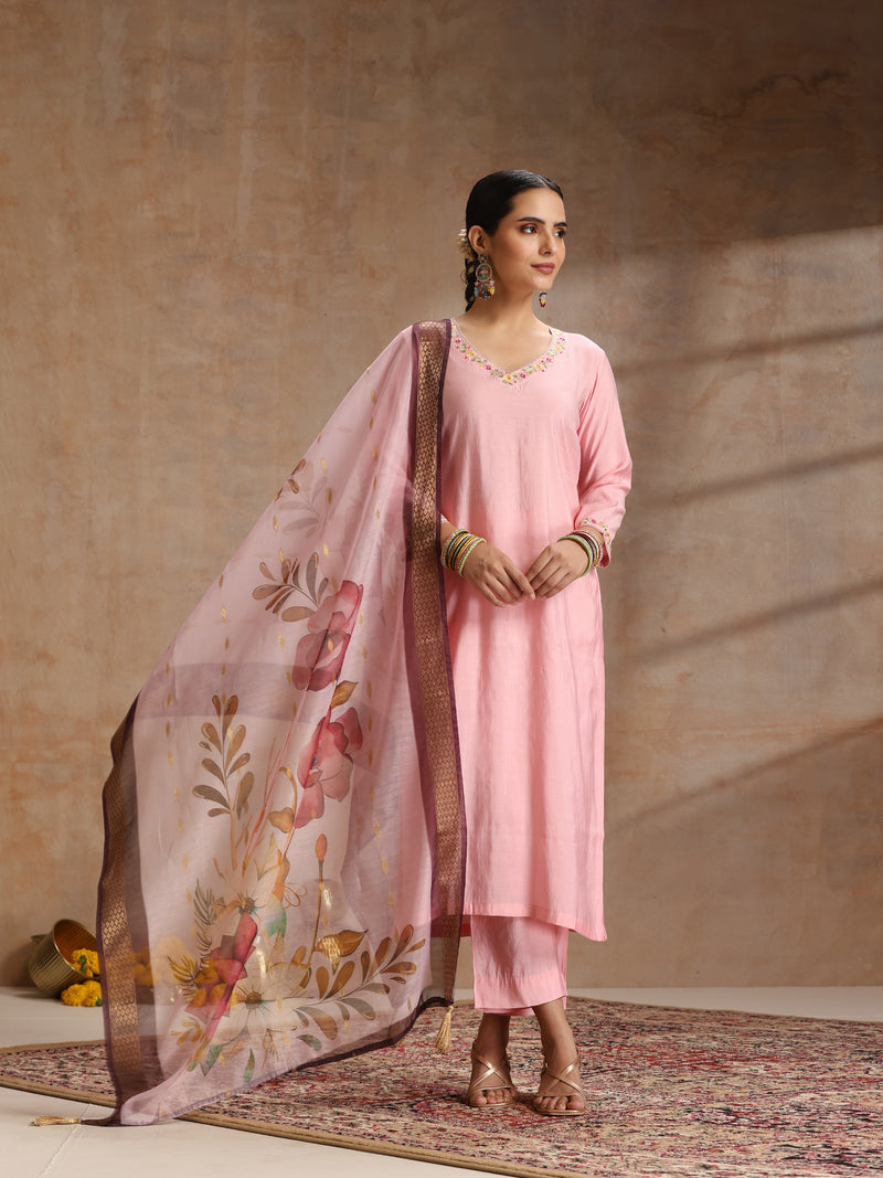 Khushal K Women Pure Silk pink Embroidered Kurta & Palazzo With Dupatta