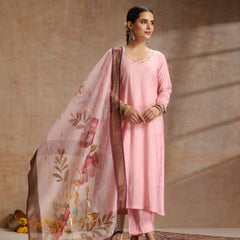 Khushal K Women Pure Silk pink Embroidered Kurta & Palazzo With Dupatta
