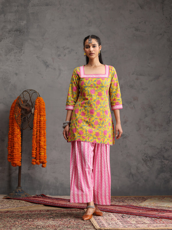 Khushal K Women Cotton Kurta Farsi Salwar Set - Yellow