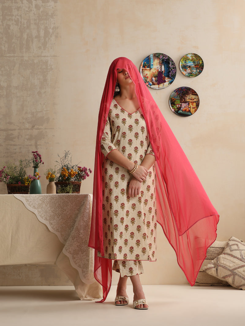 Khushal K Women Floral Printed Cream Regular Pure Cotton Kurta & Palazzo With Dupatta