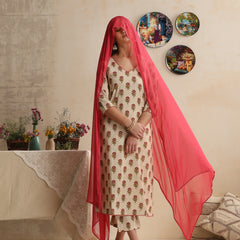 Khushal K Women Floral Printed Cream Regular Pure Cotton Kurta & Palazzo With Dupatta