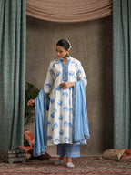 Floral Printed Pure Cotton A-Line Kurta With Palazzos And Dupatta