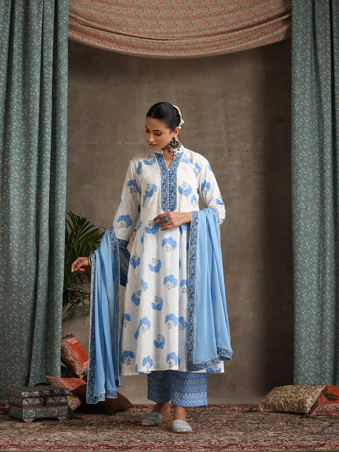 Floral Printed Pure Cotton A-Line Kurta With Palazzos And Dupatta