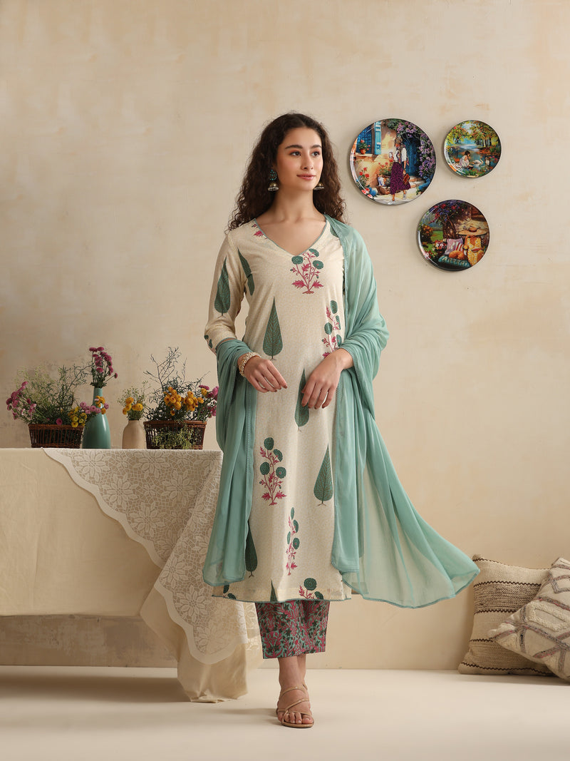 Khushal K Women Floral Printed Regular Pure Cotton Off-White Kurta & Palazzo With Dupatta