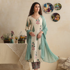 Khushal K Women Floral Printed Regular Pure Cotton Off-White Kurta & Palazzo With Dupatta