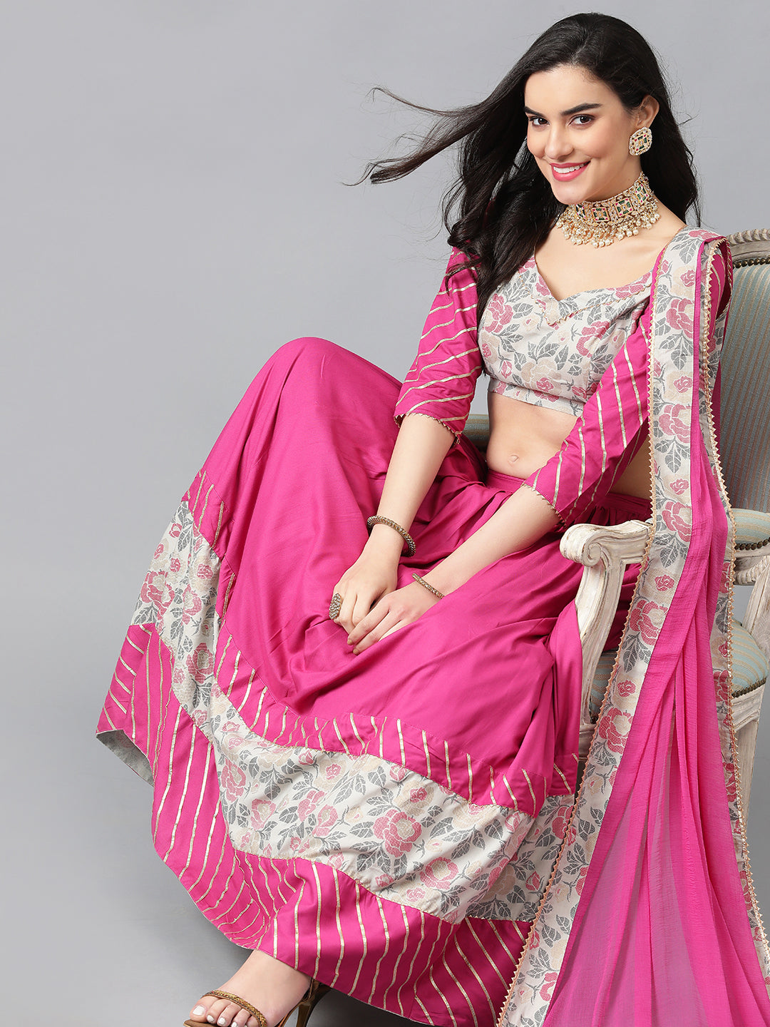 Floral Printed Gotta Patti Ready To Wear Lehenga & Blouse With Dupatta