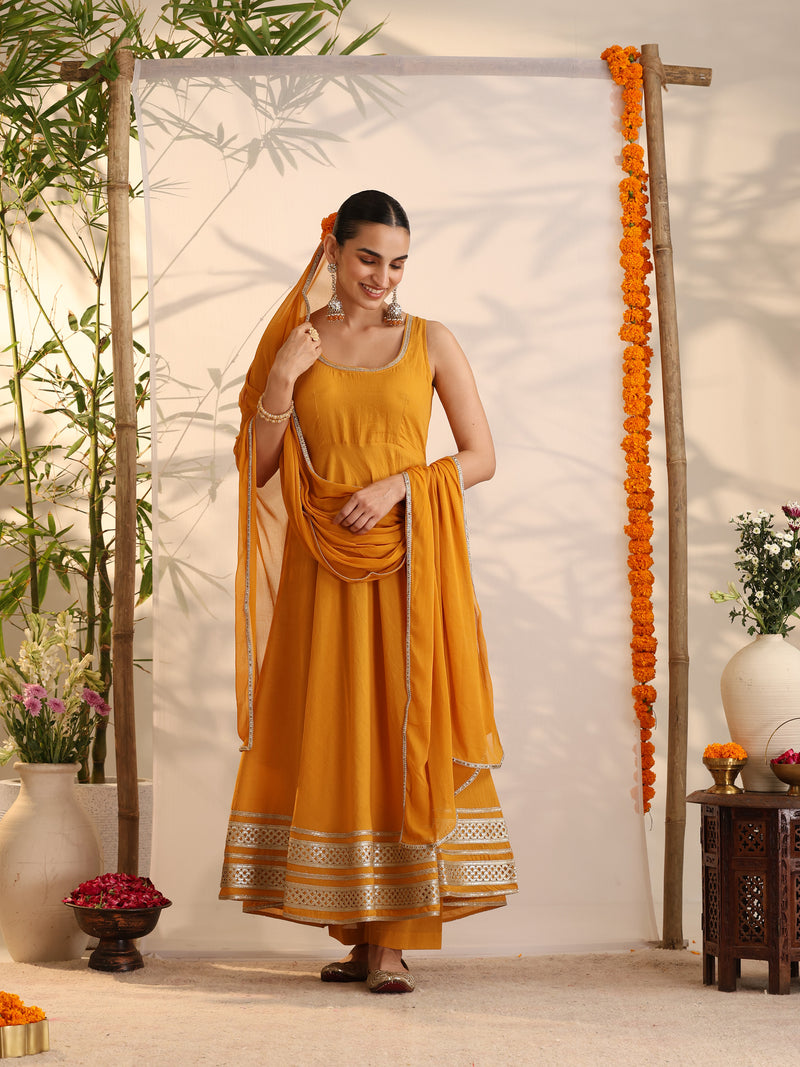 Khushal K Women Cotton Kurta and Palazzo With Dupatta Set - Mustard