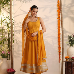 Khushal K Women Cotton Kurta and Palazzo With Dupatta Set - Mustard
