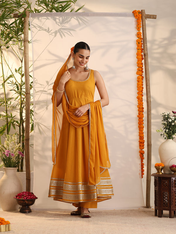 Khushal K Women Cotton Kurta and Palazzo With Dupatta Set - Mustard