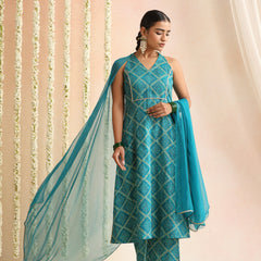 Turquoise & White Bandhani-Style Kurta Set