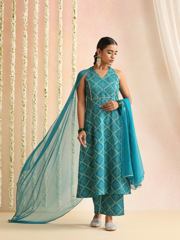Turquoise & White Bandhani-Style Kurta Set