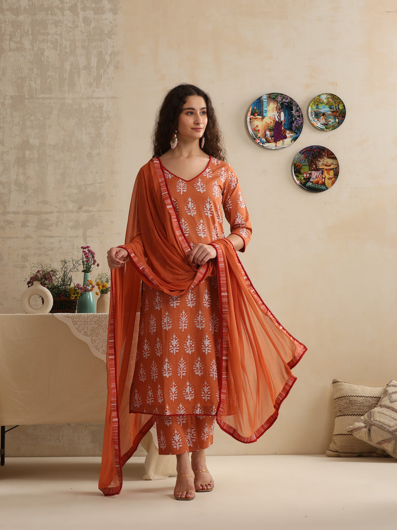 Khushal K Women Floral Printed Regular Pure Cotton Pink Kurta & Palazzo With Dupatta