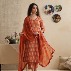 Khushal K Women Floral Printed Regular Pure Cotton Pink Kurta & Palazzo With Dupatta