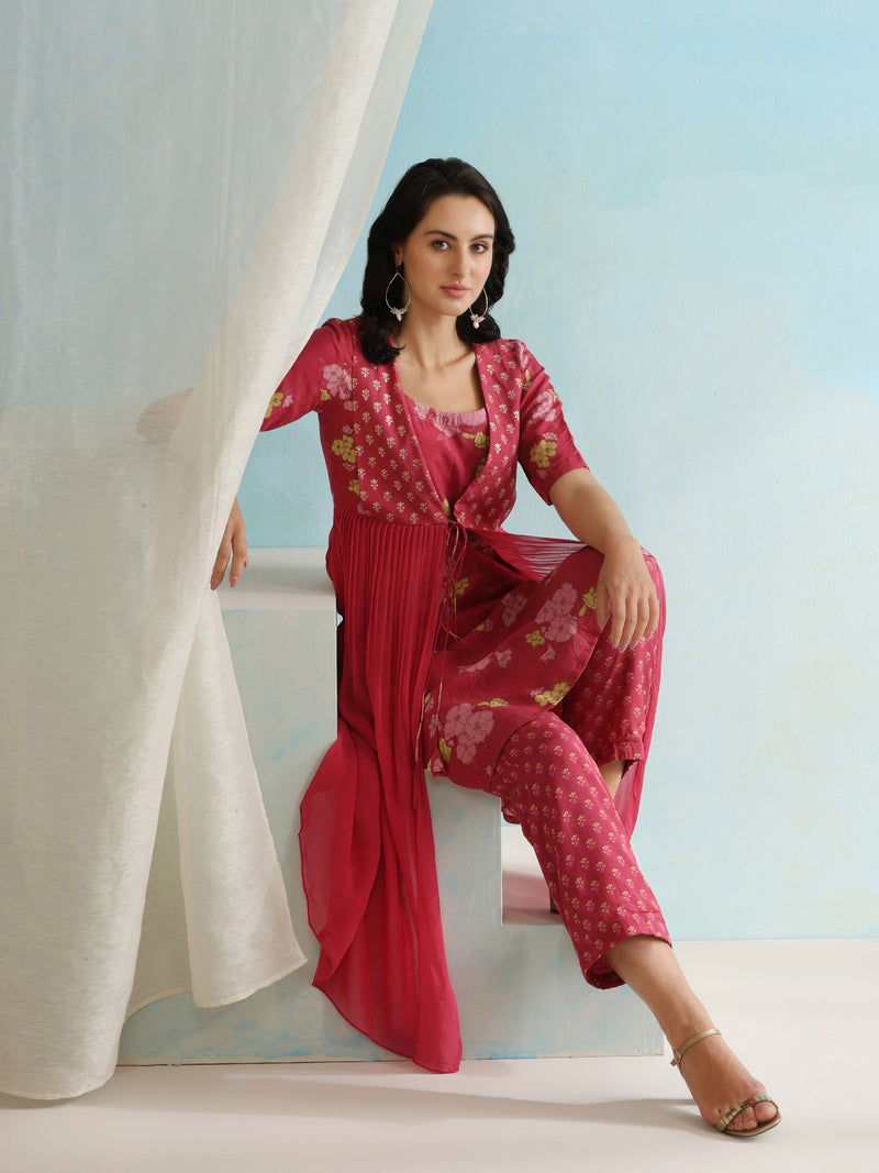 Floral Printed Layered Cord Set With Jacket
