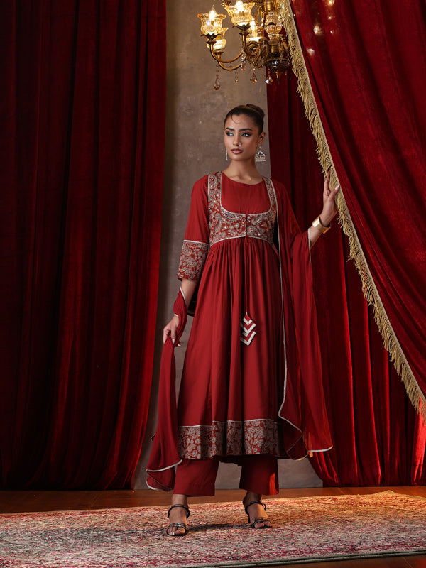 Khushal K Women Cotton kurta and palazzo with dupatta set - Rust
