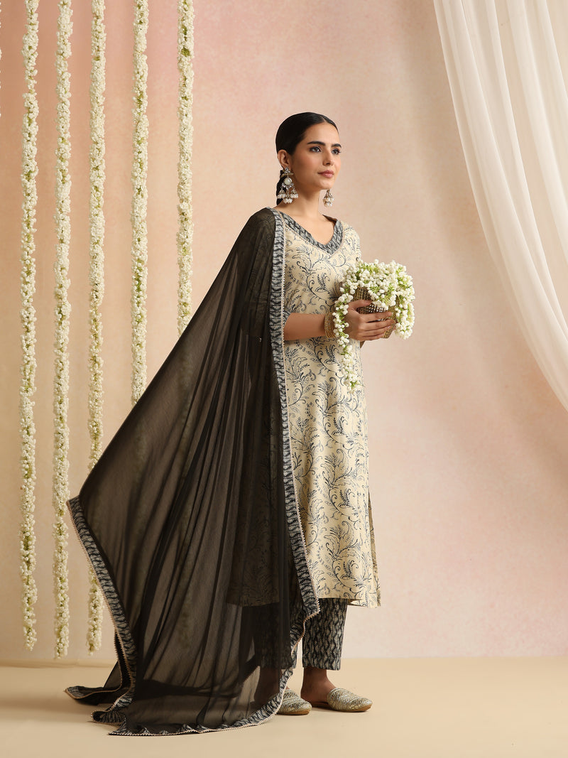 Cream & Black Ethnic Motif Kurta Set