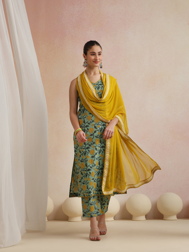 Khushal K Women Cotton Kurta Palazzo Dupatta Set - Green