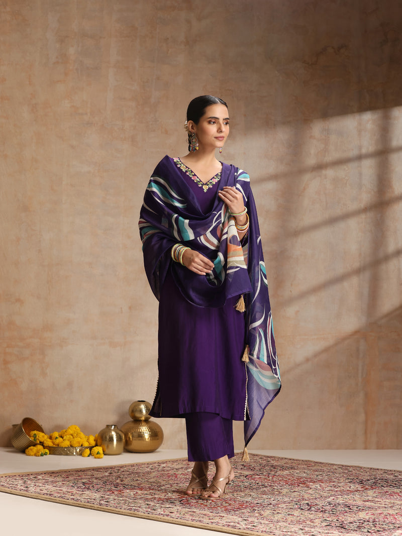 Khushal K Women Pure Silk purple Embroidered Kurta & Palazzo With Dupatta