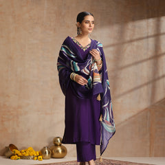 Khushal K Women Pure Silk purple Embroidered Kurta & Palazzo With Dupatta