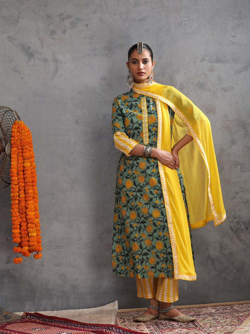 Khushal K Women Cotton Kurta Palazzo Dupatta Set - Green