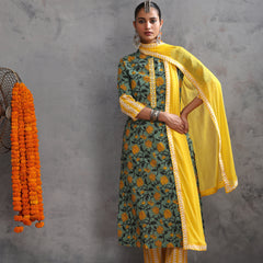 Khushal K Women Cotton Kurta Palazzo Dupatta Set - Green