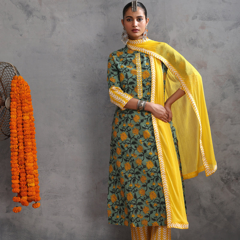 Women Cotton Kurta Palazzo Dupatta Set - Green - Khushal K - Image 7