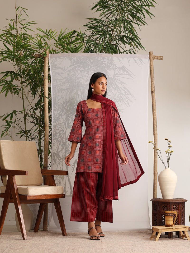 Khushal K Women Cotton kurti and Farshi Salwar with dupatta set - Maroon
