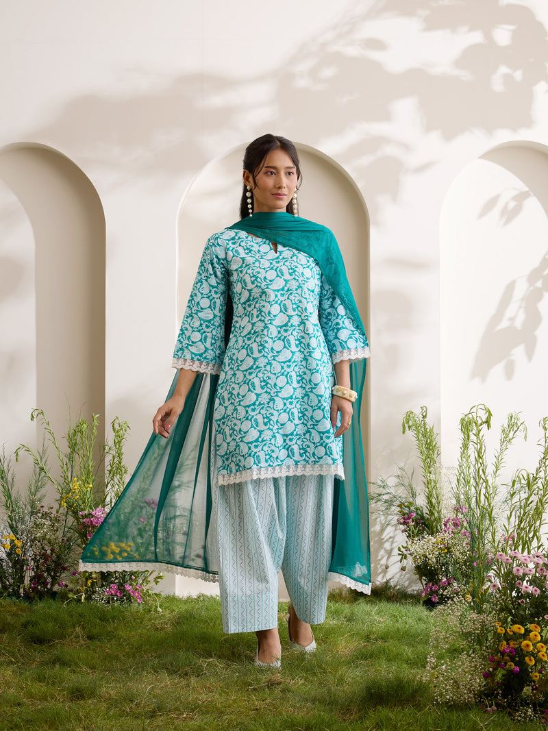 Khushal K Women Cotton Kurti And Farshi Salwar  With Dupatta Set - Green