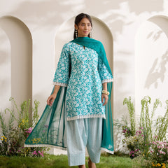 Khushal K Women Cotton Kurti And Farshi Salwar  With Dupatta Set - Green