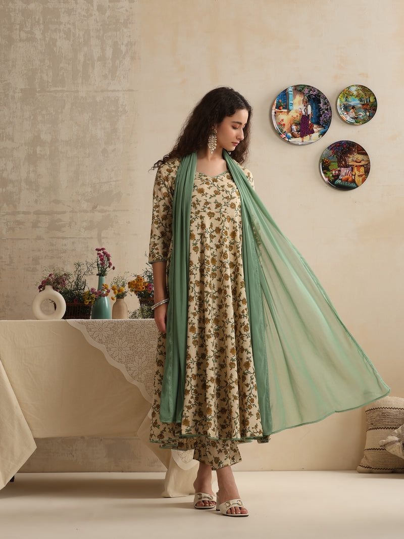 Khushal K Women Floral Printed Regular Pure Cotton Kurta & Palazzo With Dupatta Cream