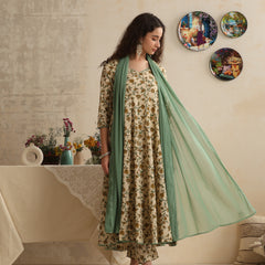 Khushal K Women Floral Printed Regular Pure Cotton Kurta & Palazzo With Dupatta Cream