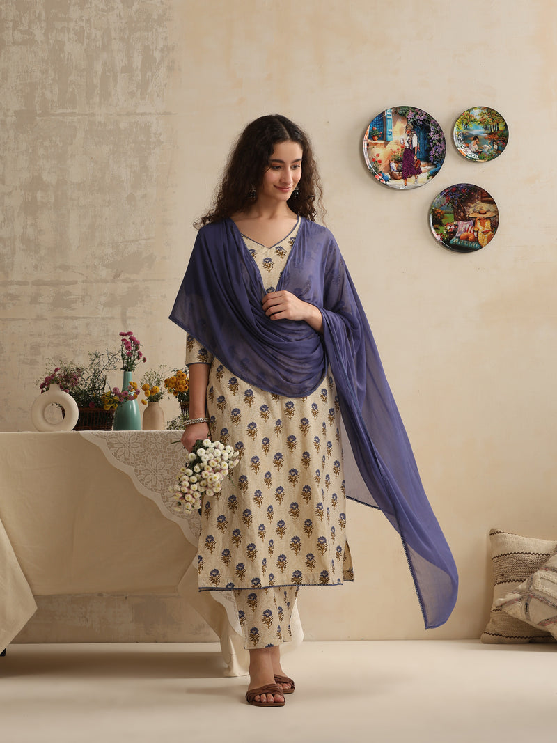 Khushal K Women Floral Printed Regular Pure Cotton Cream Kurta & Palazzo With Dupatta