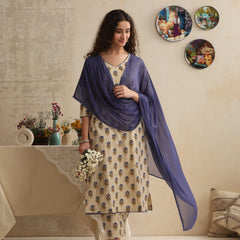 Khushal K Women Floral Printed Regular Pure Cotton Cream Kurta & Palazzo With Dupatta