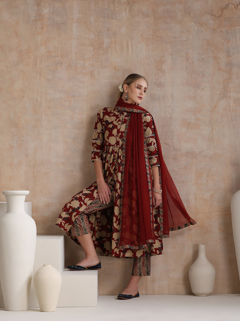 Women Floral Printed Regular Pure Cotton Kurta with Palazzos & With Dupatta