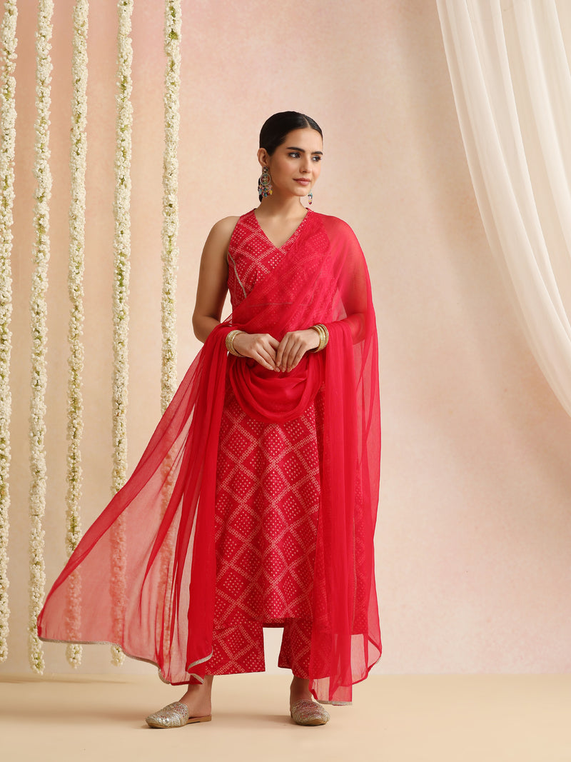 Women Bandhani Printed Kurta with Palazzos & Dupatta