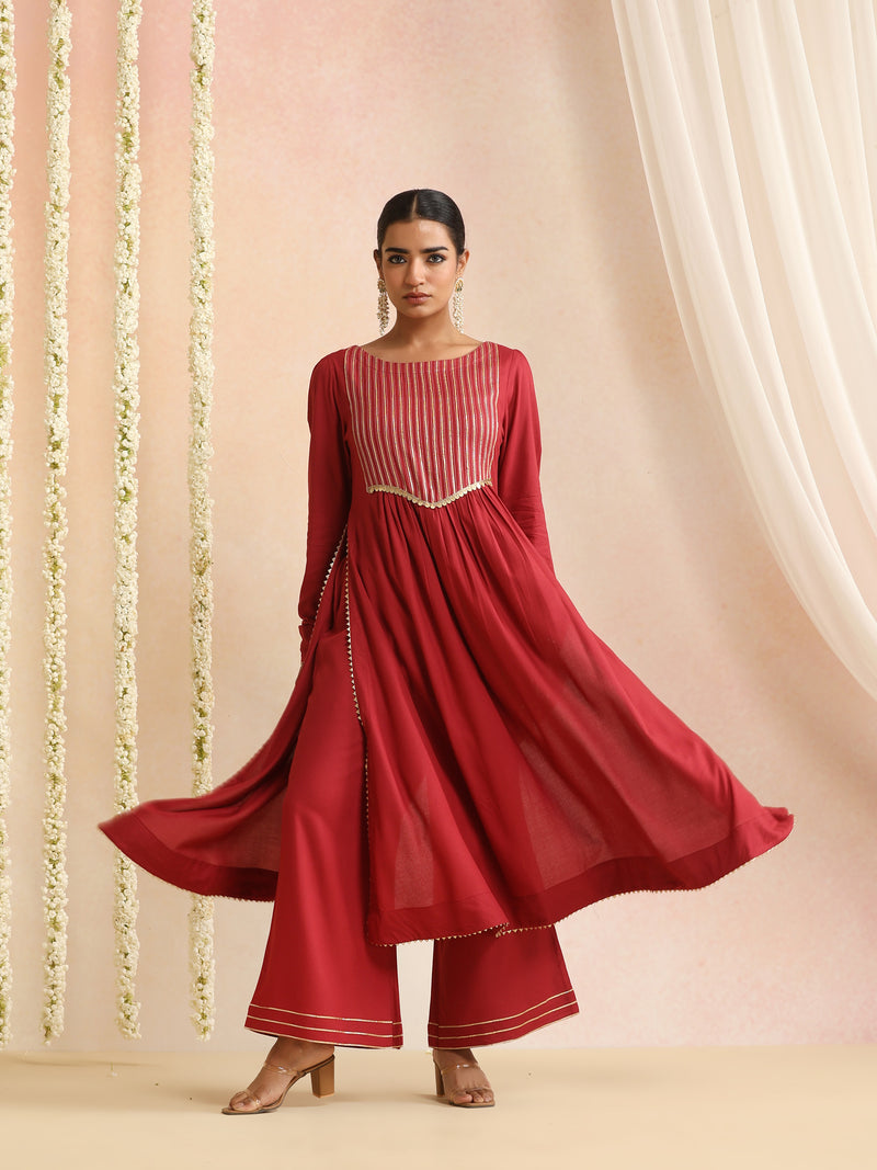 Ethnic Motifs Woven Design Thread Work A-Line Kurta With Palazzos