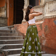 Khushal K Women's Green Printed Cotton Flared Maxi Skirt