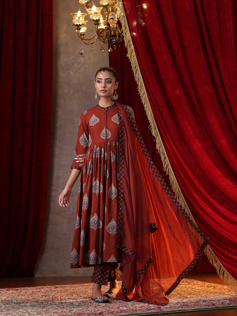 Khushal K Women Cotton kurta and palazzo with dupatta set - Rust