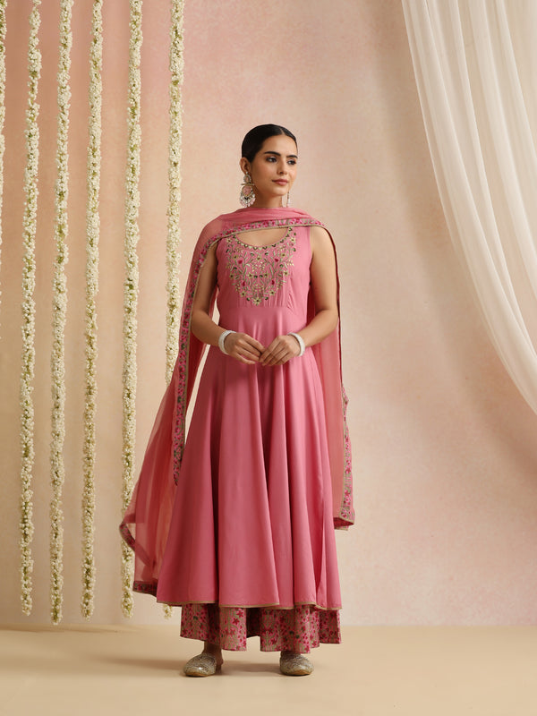 Pink embroidered Kurta with Palazzos with dupatta