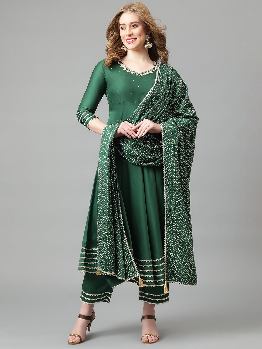 Green solid Kurta with Trousers with dupatta