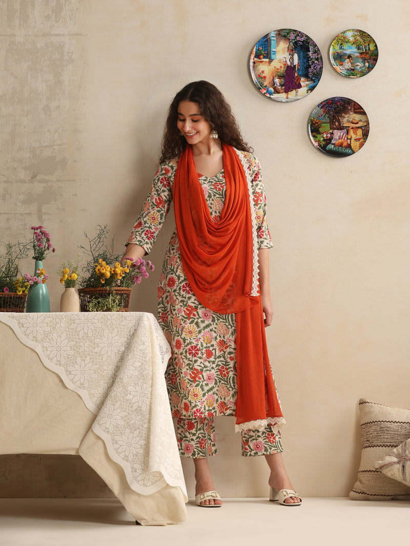 Khushal K Women Floral Printed Regular Pure Cotton White Kurta & Palazzo With Dupatta